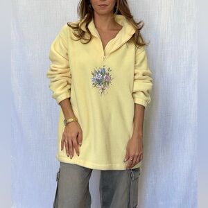 Northern Reflections Butter Yellow Oversized Half Zip w/ Purple Stitched Florals